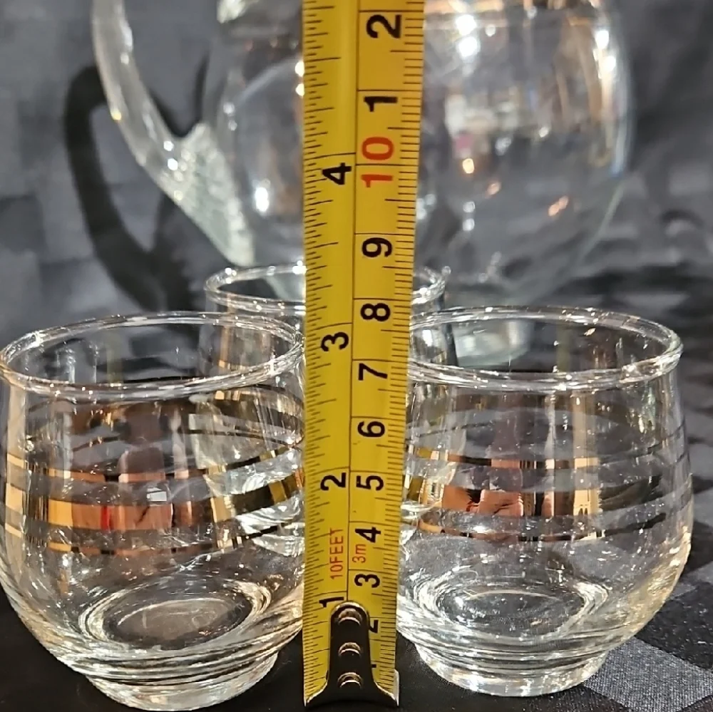 VTG MCM Clear Glass Ball Pitcher & 5 Roly Poly Tumbler Set Silver Stripe Banding